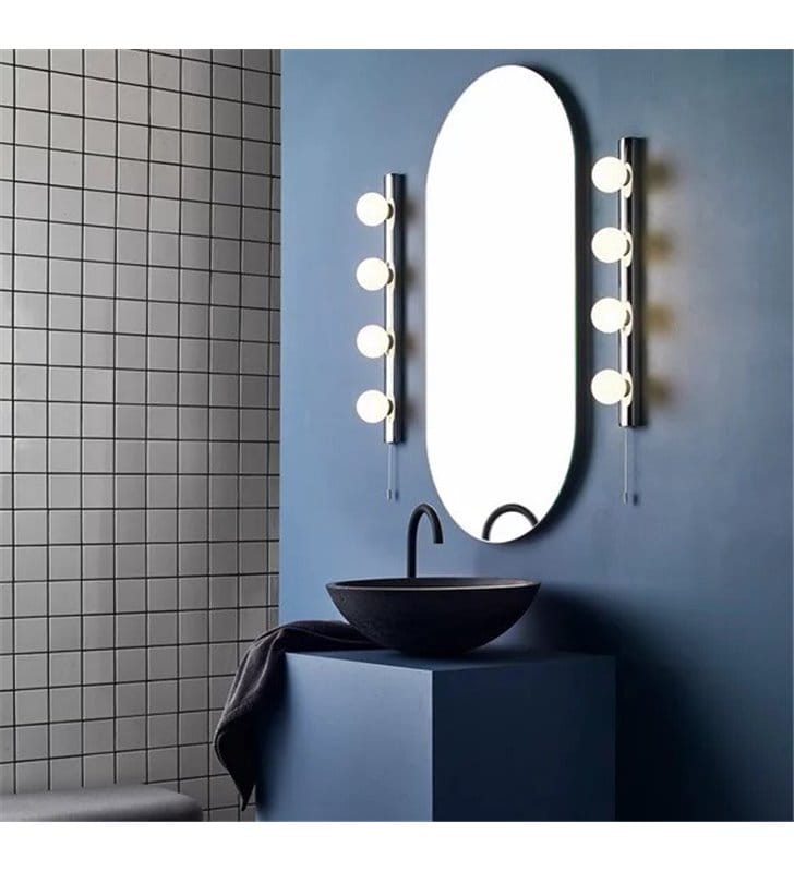 Lampa łazienkowa Cabaret 4 punktowa listwa z 4 okrągłymi kloszami z włącznikiem montaż pionowy lub poziomy oświetlenie toaletki