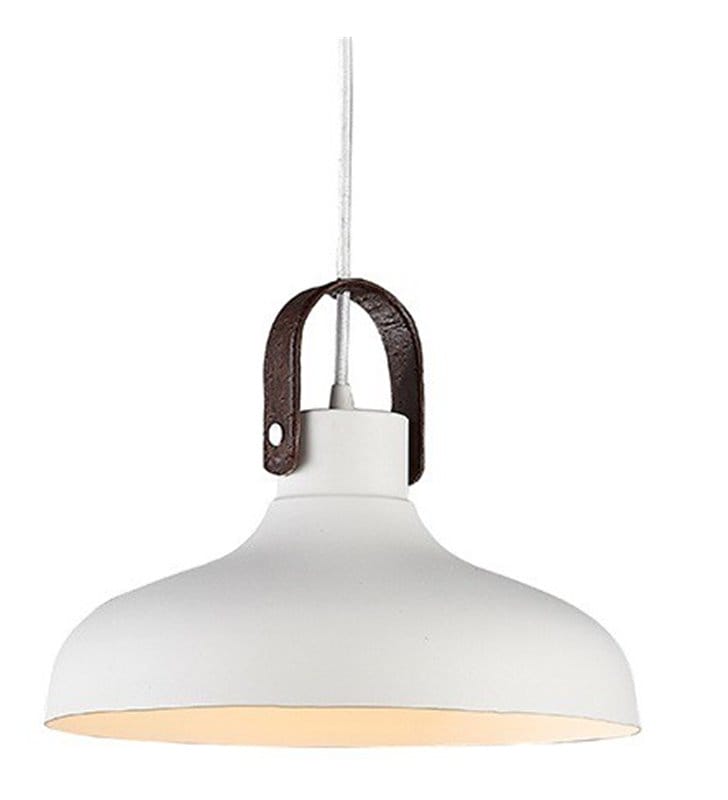 Biała metalowa lampa wisząca ze skórzanym brązowym elementem Tessio do kuchni jadalni nad stół salonu sypialni