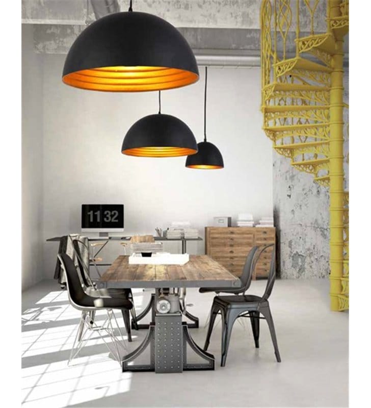 Modena nowoczesna czarna lampa wisząca ze złotym środkiem klosz kopuła o średnicy 50cm długa do salonu kuchni jadalni sypialni