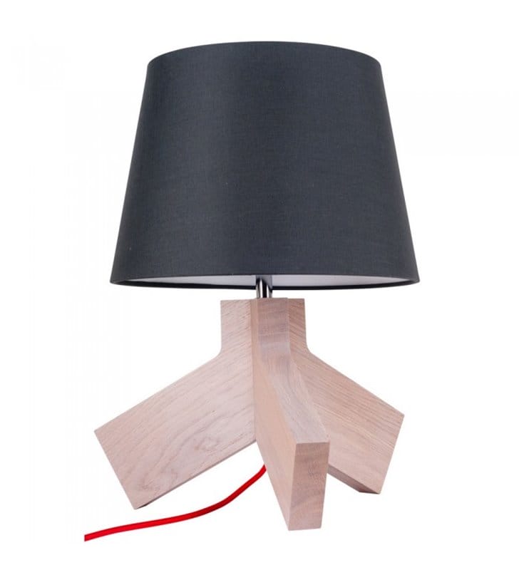 Tilda lampa stołowa na drewnianym trójnogu abażur antracyt czerwony przewód