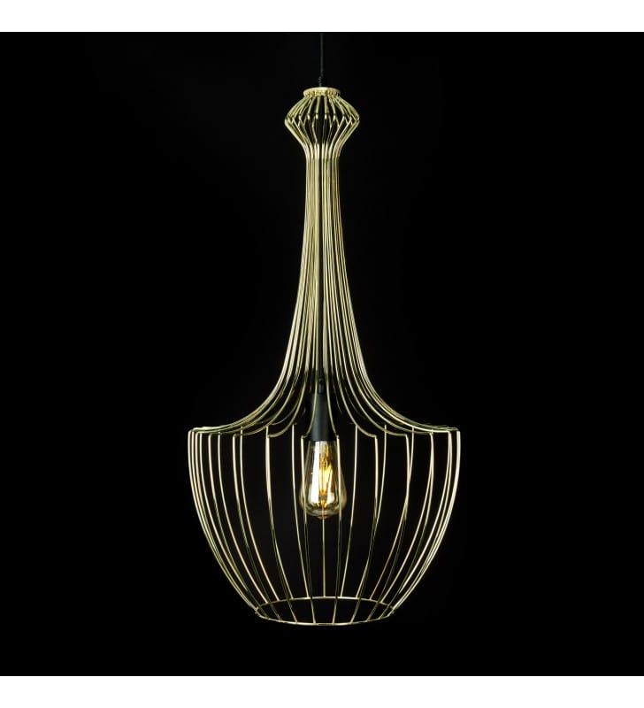 Złota druciana lampa wisząca Luksor z wysokim kloszem elegancka stylowa do salonu jadalni kuchni sypialni