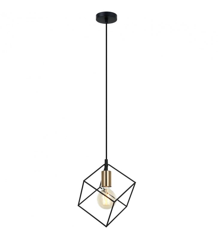 Nowoczesna loftowa lampa wisząca Morestel pojedyncza czarno złota klosz sześcian widoczna żarówka