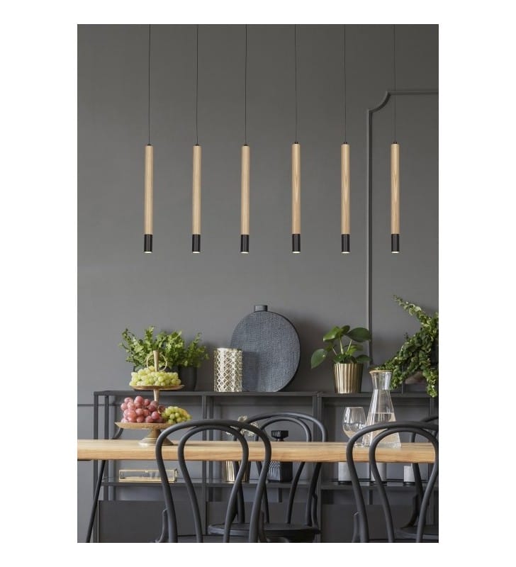 Lampa wisząca Izolda 6 zwisowa nowoczesna metr szerokości drewno czarne wykończenie do salonu sypialni kuchni jadalni