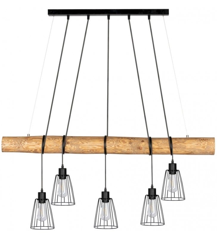 Lampa wisząca Trabo Long drewniana ponad metrowa belka z 5 drucianymi kloszami