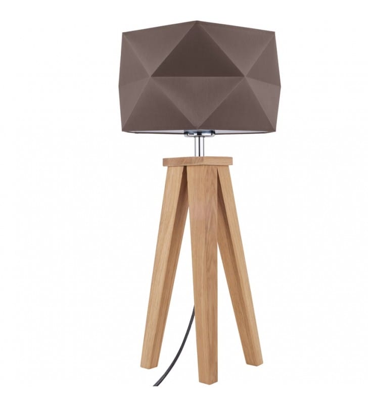 Lampa stołowa Finja na 3 dębowych nogach geometryczny abażur brązowy
