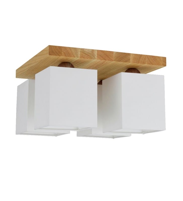 Lampa sufitowa Inger kwadratowa 4 białe abażury drewno dąb olejowany