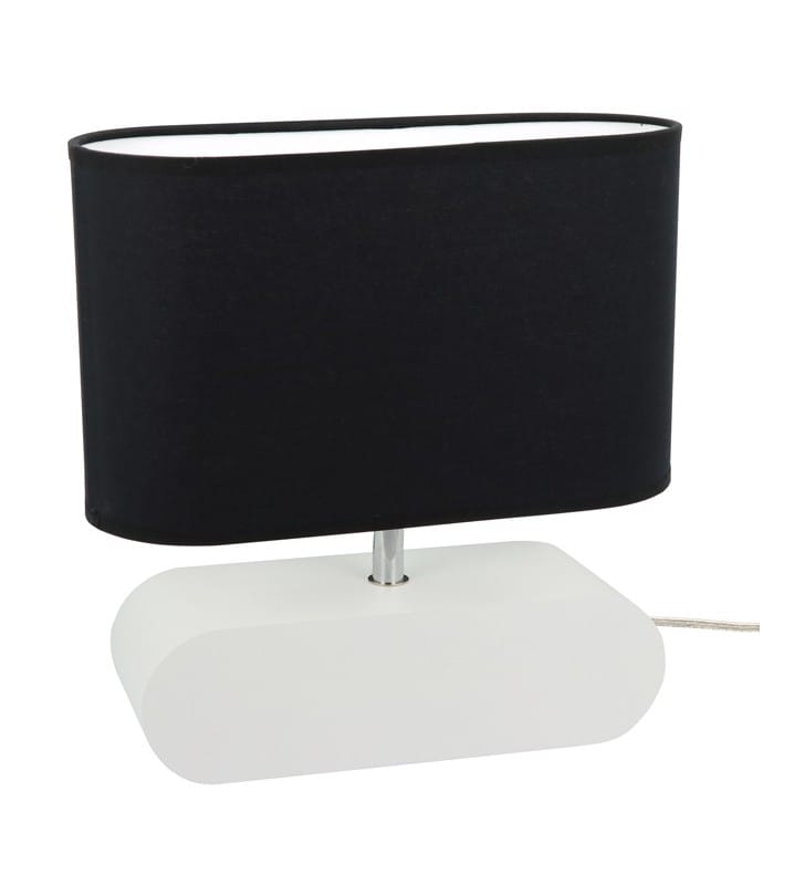 Czarno biała lampa stołowa Marinna z drewnianą podstawą np. na komodę stolik nocny