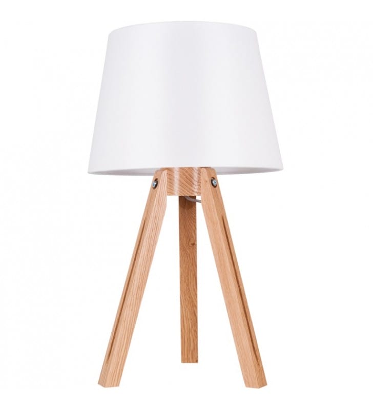 Lampa stołowa na drewnianym dębowym trójnogu Tripod biały okrągły abażur do sypialni na komodę do salonu jadalni