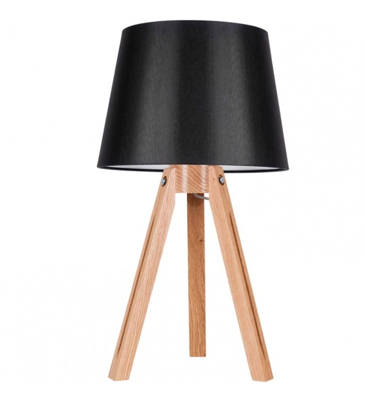 Lampa stołowa Tripod czarny okrągły abażur z drewnianą podstawą typu trójnóg do salonu sypialni jadalni na komodę