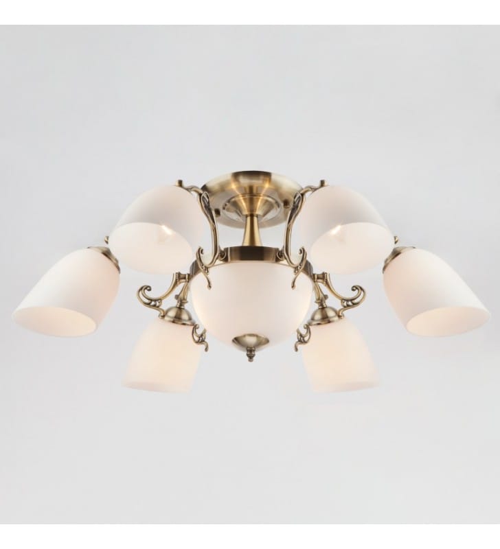 6 ramienna klasyczna lampa sufitowa z amplą Venice mosiądz antyczny szklane białe klosze - OD RĘKI
