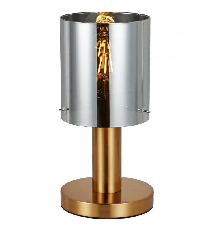 Sardo nowoczesna lampa stołowa ze szklanym dymionym kloszem podstawa w kolorze mosiądzu