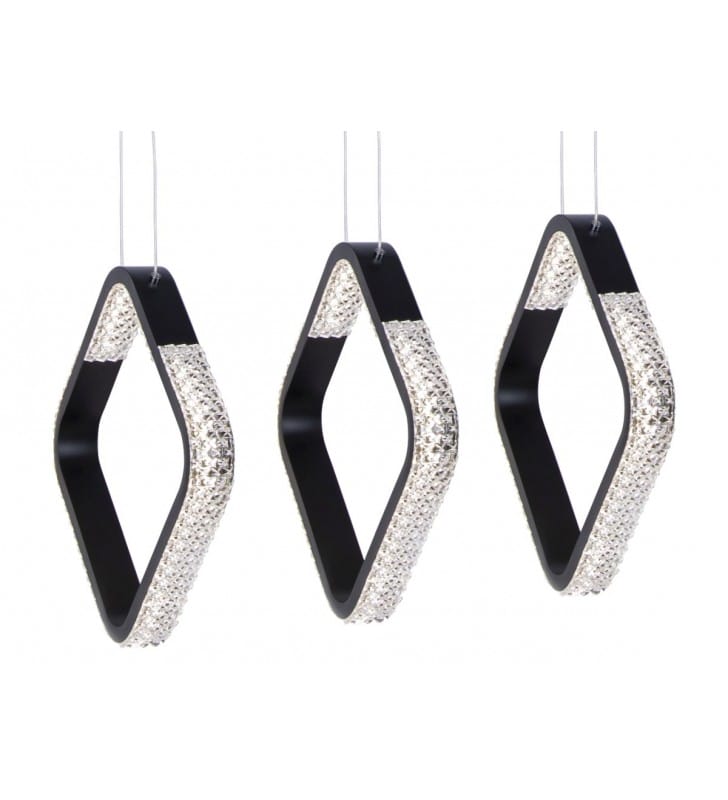 Lampa wisząca Hild czarna potrójna klosze romby ozdobiony akrylowymi kryształami styl nowoczesny naturalna barwa światła