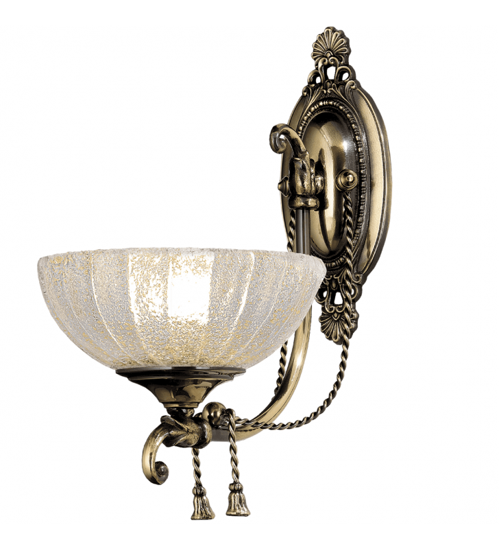 Pojedynczy klasyczny kinkiet Granada zdobiony mosiężny korpus patyna połysk szklany klosz w górę
