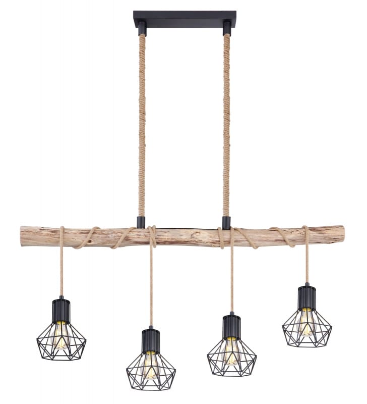 Drewniana lampa wisząca Priska naturalna belka 4 czarne klosze liny konopne styl vintage