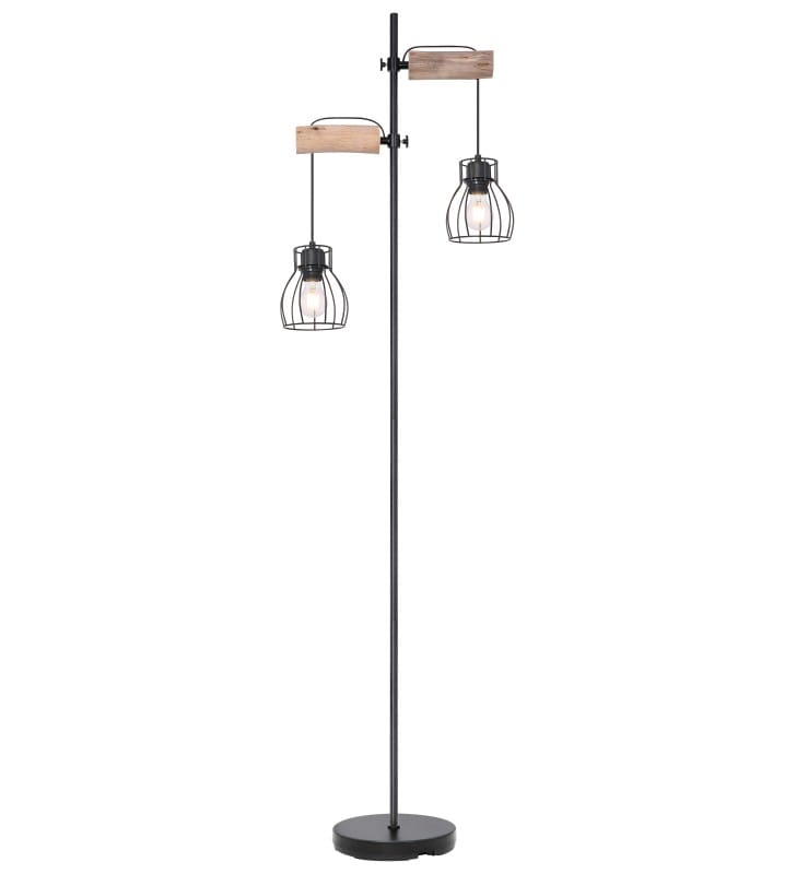 Lampa podłogowa Mina w stylu vintage czarna 2 zwisające druciane klosze z regulacją wysokości drewniane elementy