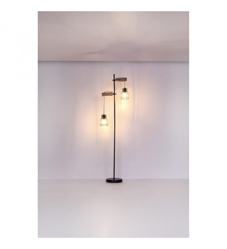 Lampa podłogowa Mina w stylu vintage czarna 2 zwisające druciane klosze z regulacją wysokości drewniane elementy