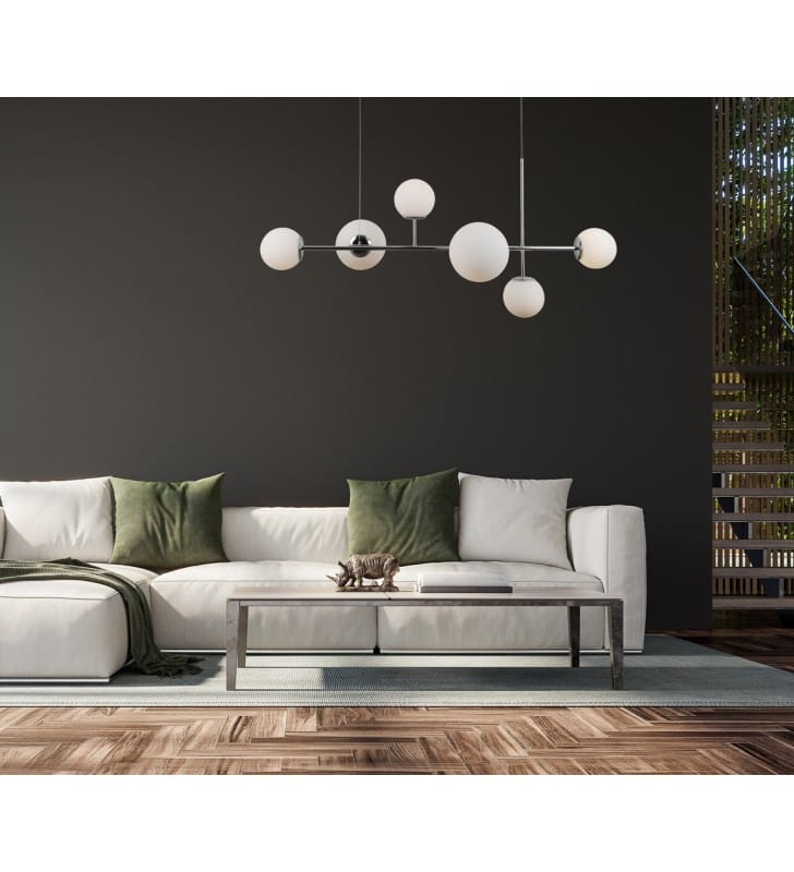 Nowoczesna lampa wisząca do salonu jadalni nad stół Vailante chrom pozioma 6 kloszy szklane kule - OD RĘKI