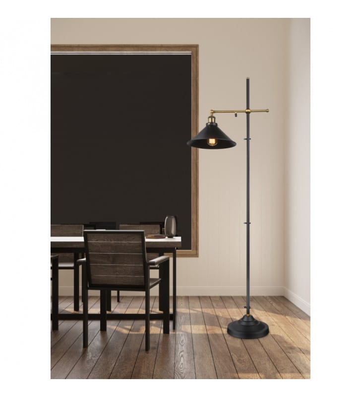 Lampa podłogowa w stylu vintage Lenius czarna detale w kolorze antycznego mosiądzu regulacja wysokości