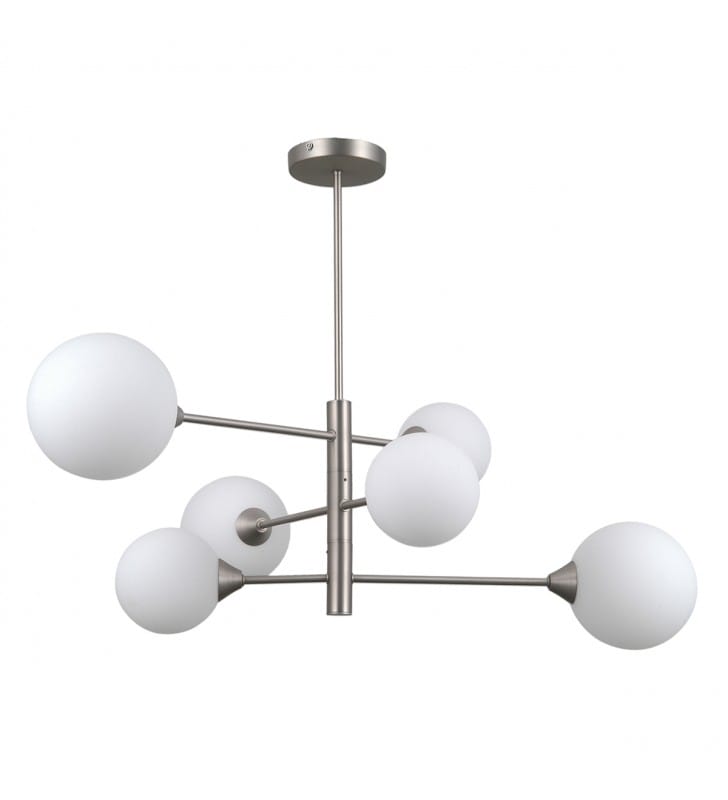 Lampa na sztywnym ramieniu Evora nikiel satynowany 6 kloszy kule ball okrągłe styl nowoczesny