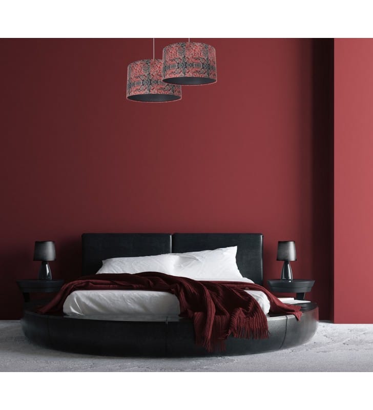 Lampa wisząca Zuri abażur z czerwienią z ozdobnym wzorem kwiatowym wzorem grafitowy środek do sypialni
