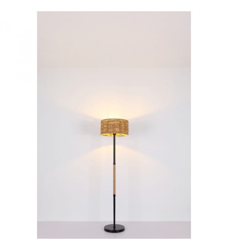 Oryginalna lampa stojąca podłogowa Halia metal czarny mat klosz lina konopna styl vintage do salonu sypialni jadalni