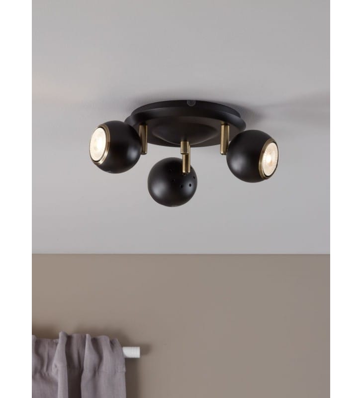 Coco sufitowa czarna lampa z mosiężnymi detalami nowoczesna 3 okrągłe klosze