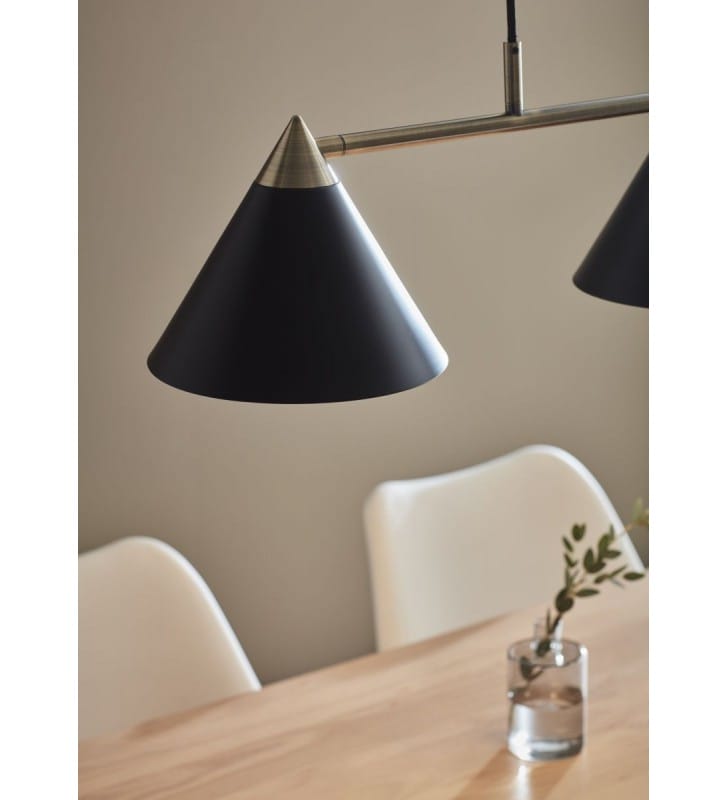 Lampa wisząca Klint czarna z patynowym wykończeniem pozioma 3 klosze stożki np. nad stół
