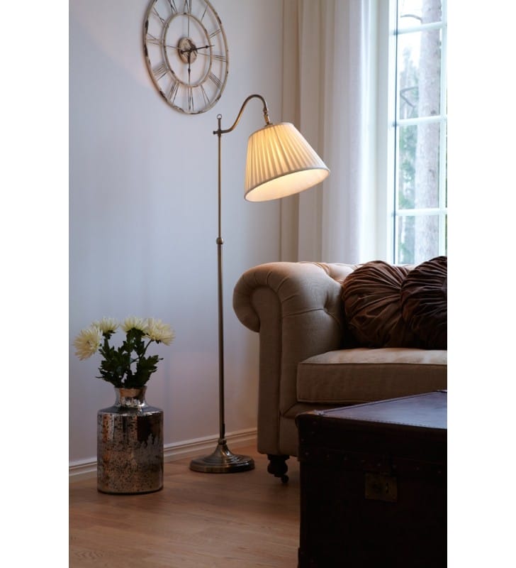 Stylowa lampa podłogowa Charleston abażur beżowy podstawa regulowana patyna do salonu sypialni