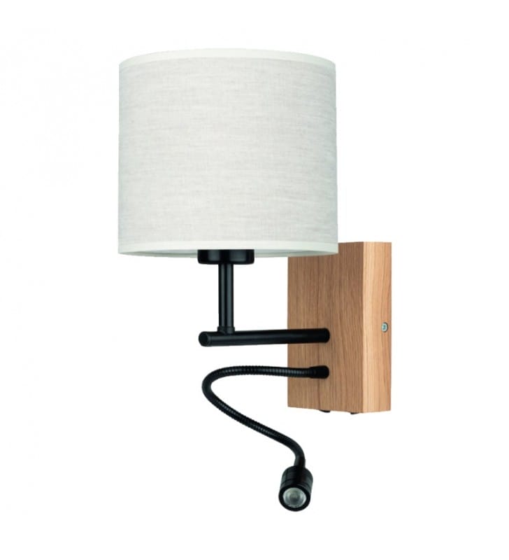 Lampa ścienna nocna do sypialni z ramieniem do czytania Boho beżowy lniany abażur drewno czarny metal 2 włączniki - OD RĘKI