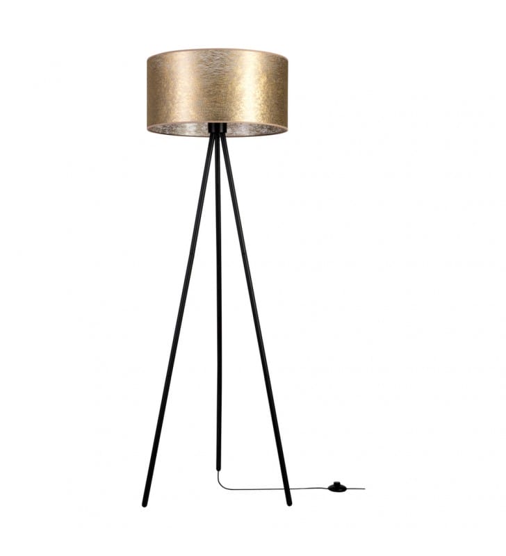 Lampa stojąca Nevoa złota czarny metalowy trójnóg abażur z fizeliny do salonu sypialni