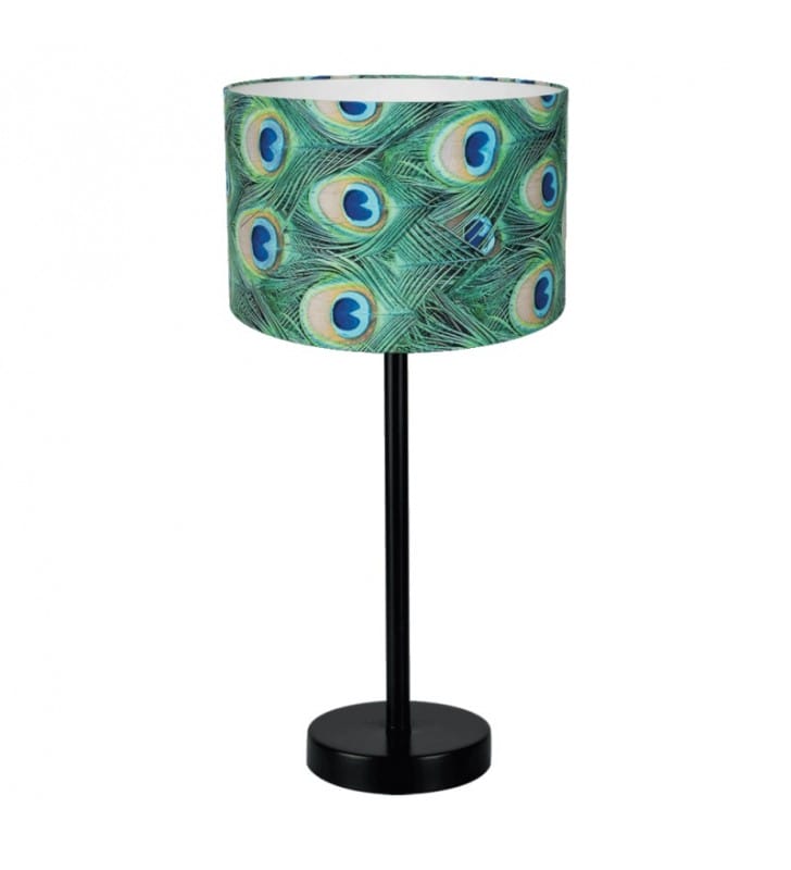 Lampa stołowa Vert abażur welurowy w pawie pióra czarna podstawa na komodę do salonu do sypialni