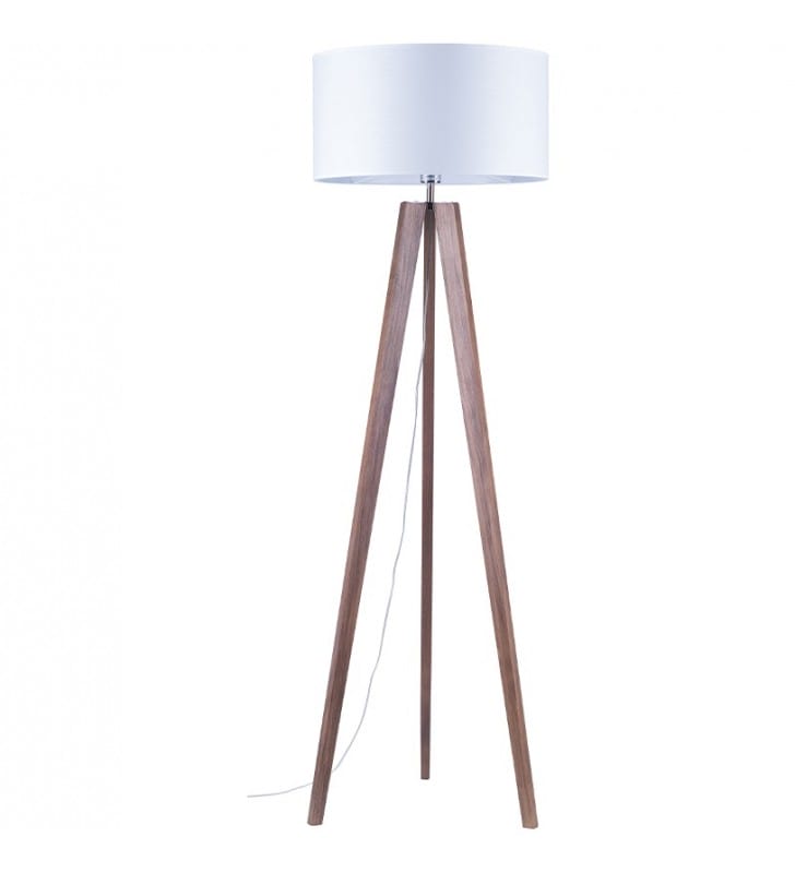 Lampa stojąca Lotta biały materiałowy abażur 3 orzechowe drewniane nogi do sypialni salonu