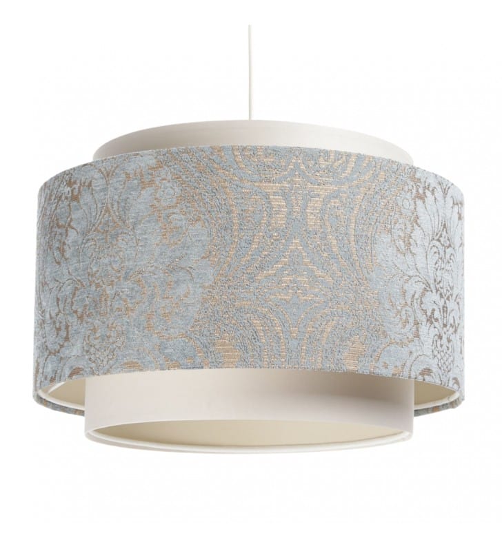 Elegancka stylowa lampa wisząca Demetria z abażurem kremowa błękitna obręcz ze wzorem