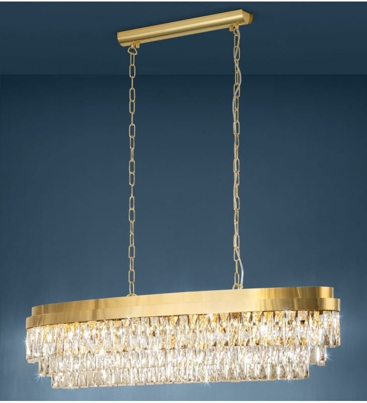 Duża złota kryształowa lampa wisząca na łańcuch Valparaiso nad stół do jadalni do salonu podłużna