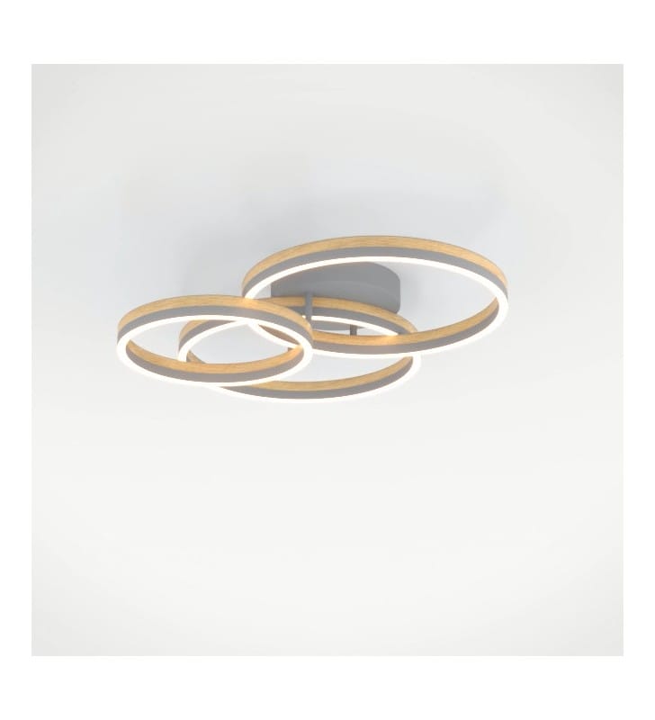 Lampa sufitowa Cadinaro 3 pierścienie metal szary drewno ciepła barwa LED możliwość ściemniania