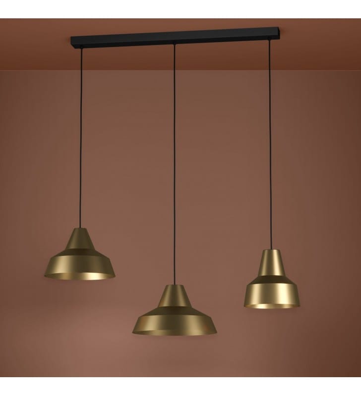 Lampa wisząca Savarna w stylu industrialnym czarna belka 3 złote klosze