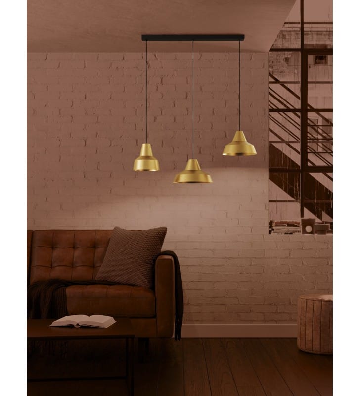 Lampa wisząca Savarna w stylu industrialnym czarna belka 3 złote klosze
