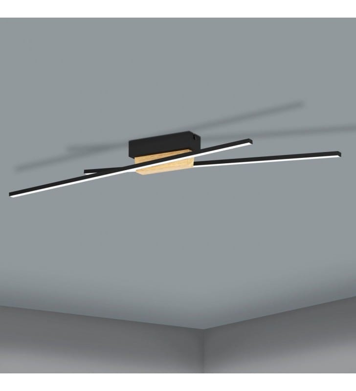 Lampa sufitowa Panagria LED czarna z drewnem 2 wąskie klosze możliwość ściemniania