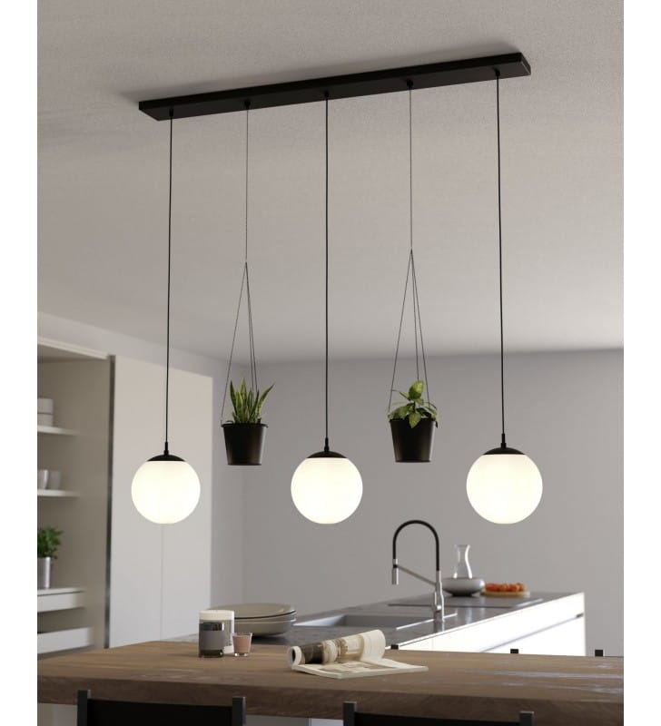 Lampa wisząca Rondo3 z 2 doniczkami czarna 3 szklane klosze kule do kuchni salonu nad stół jadalny