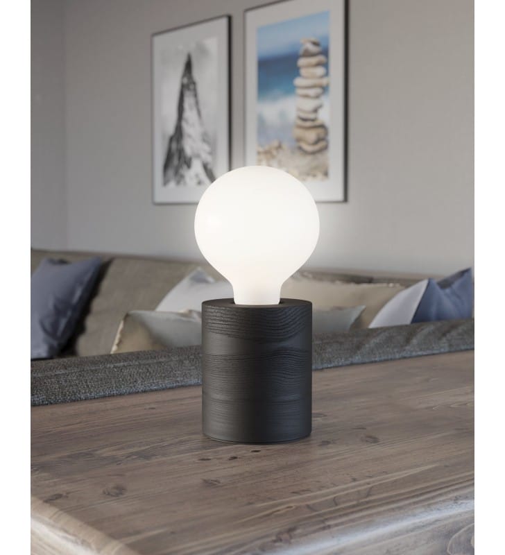 Mała minimalistyczna lampka stołowa Turialdo1 czarna drewno walec