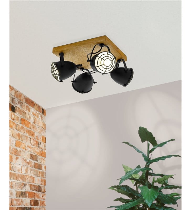 Loftowa lampa sufitowa Gatebeck 4 klosze z metalu drewno do kuchni sypialni salonu pokoju młodzieżowego