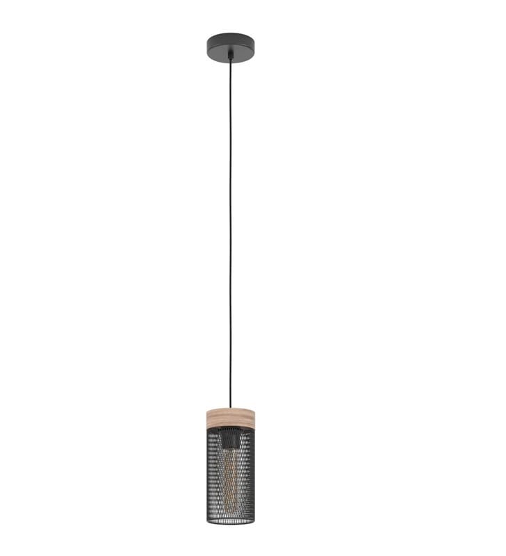 Pojedyncza nowoczesna lampa wisząca Kilnsdale klosz metalowa siatka z drewnianym wykończeniem