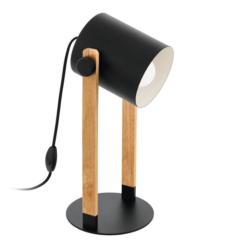 Nowoczesna loftowa lampa stołowa Hornwood czarny metal drewno włącznik na przewodzie ruchomy klosz