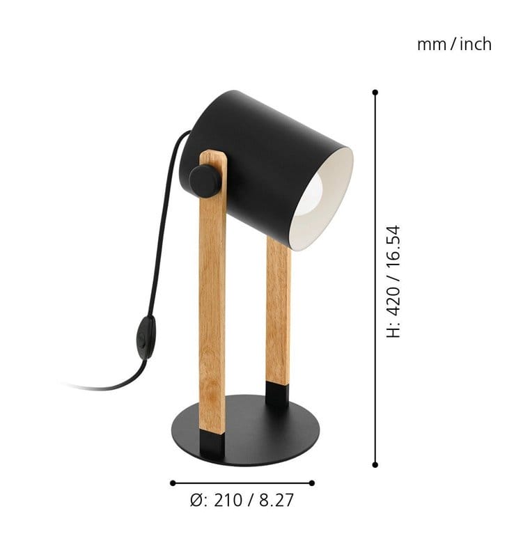 Nowoczesna loftowa lampa stołowa Hornwood czarny metal drewno włącznik na przewodzie ruchomy klosz