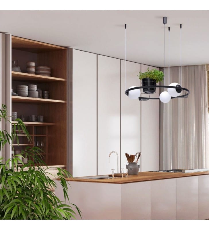 Lampa wisząca Plant metalowa obręcz ze szklanymi kulami i kwietnikami do salonu kuchni