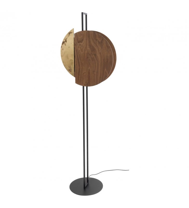 Designerska lampa stojąca Sunset klosz z drewna czarna metalowa podstawa do salonu Nowodvorski