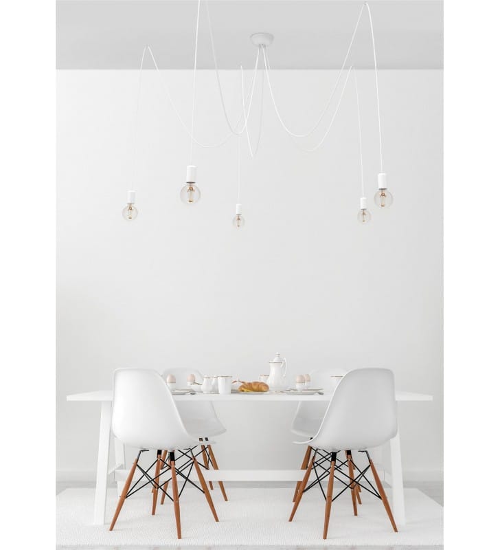 Lampa wisząca Spider biała 5 punktowa długie przewody w oplocie styl nowoczesny minimalistyczny loftowy