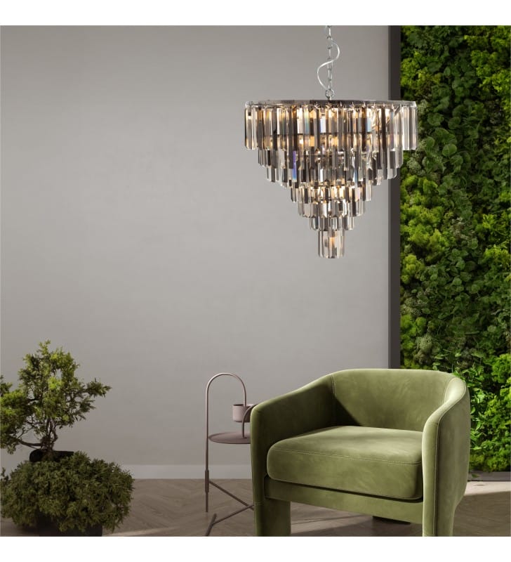 Kaskadowa wisząca lampa kryształowa Versailles chrom bezbarwne i dymione kryształy do salonu jadalni glamour