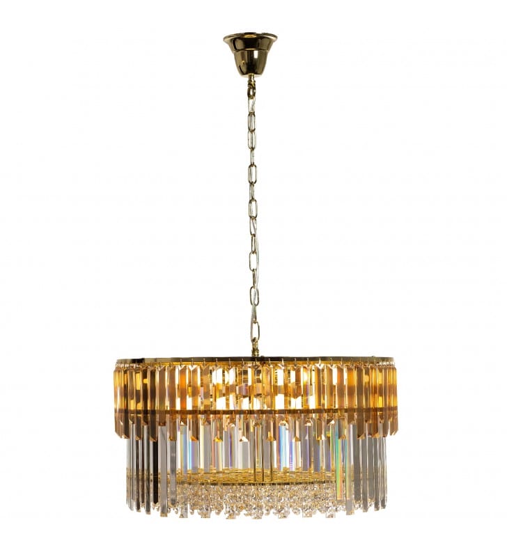 Duża szklana lampa wisząca Camille 60cm łańcuch złoto bezbarwne i bursztynowe szkło do salonu