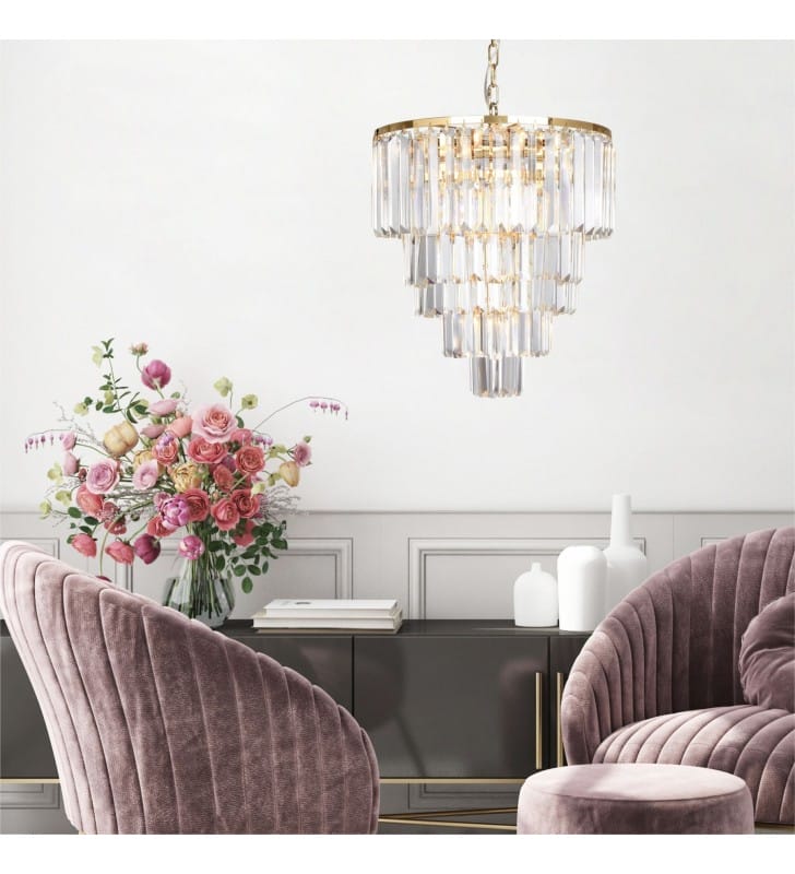 Złota 50cm lampa wisząca z kryształami Amedeo klosz kaskadowy do salonu do jadalni nad stół